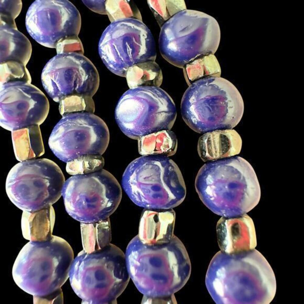 Vintage 72” Picasso Beads Flapper Necklace 1920’s Navy Blue & Mirrored Silver